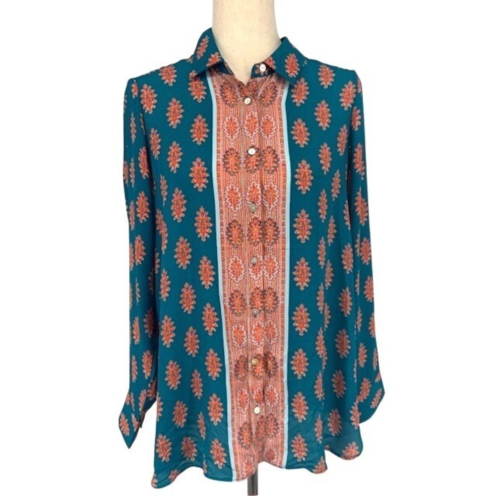 NWT Boho Chic Paisley Blouse M Artsy Colorful Maximalist Teal Orange Tunic